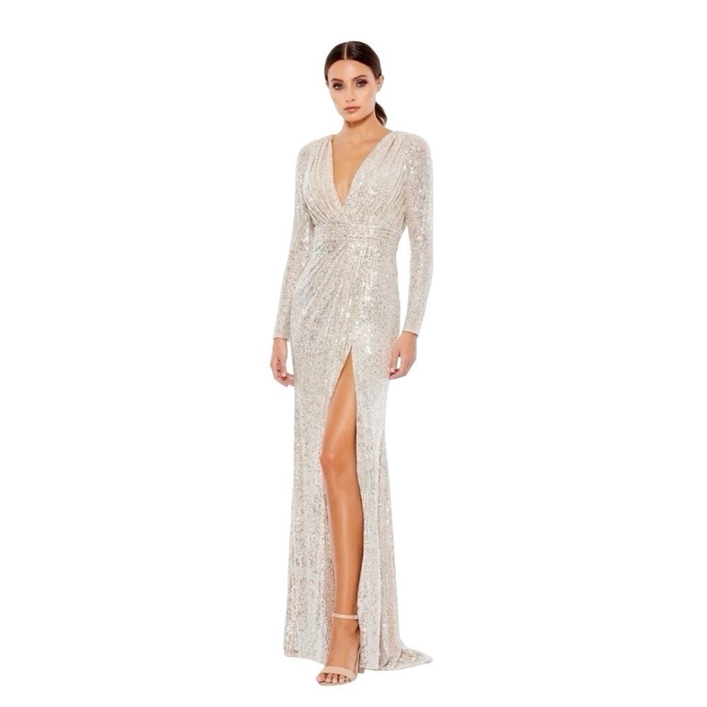 Mac Duggal 26490 Silver Sequin Long Sleeve Gown Size 10 $398